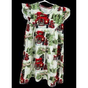 Boutique Christmas Dress Girls 4T Red Truck Christmas Tree Pearls Piggytails 4